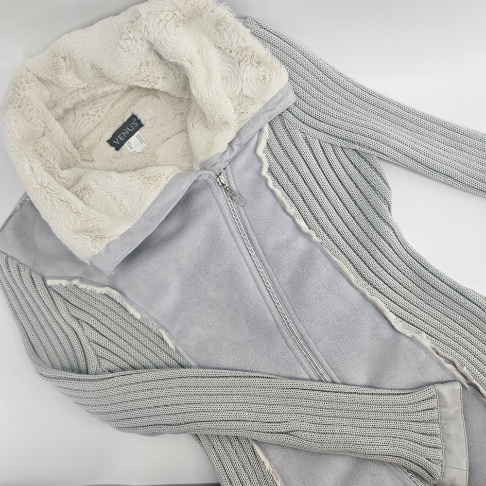 Venus Womens M Gray Faux Shearling Moto Jacket Ribbed Knit Sleeve Zip Front Y2K